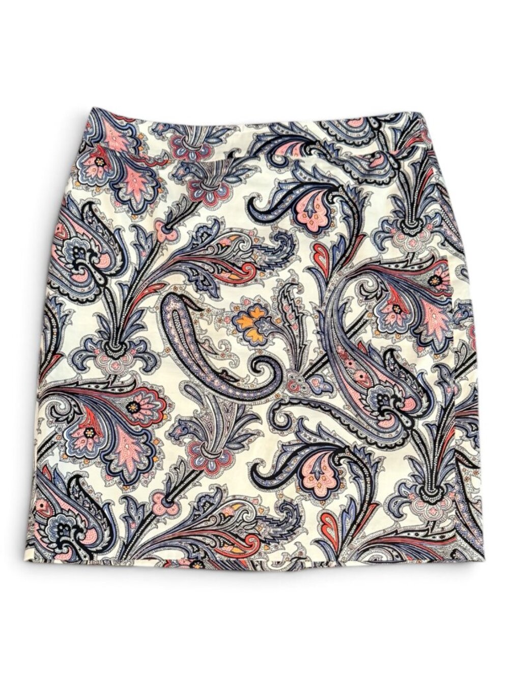 Ann Taylor Petite Paisley Pencil Skirt Size 8P Ivory Blue Pink Stretch Lined Car